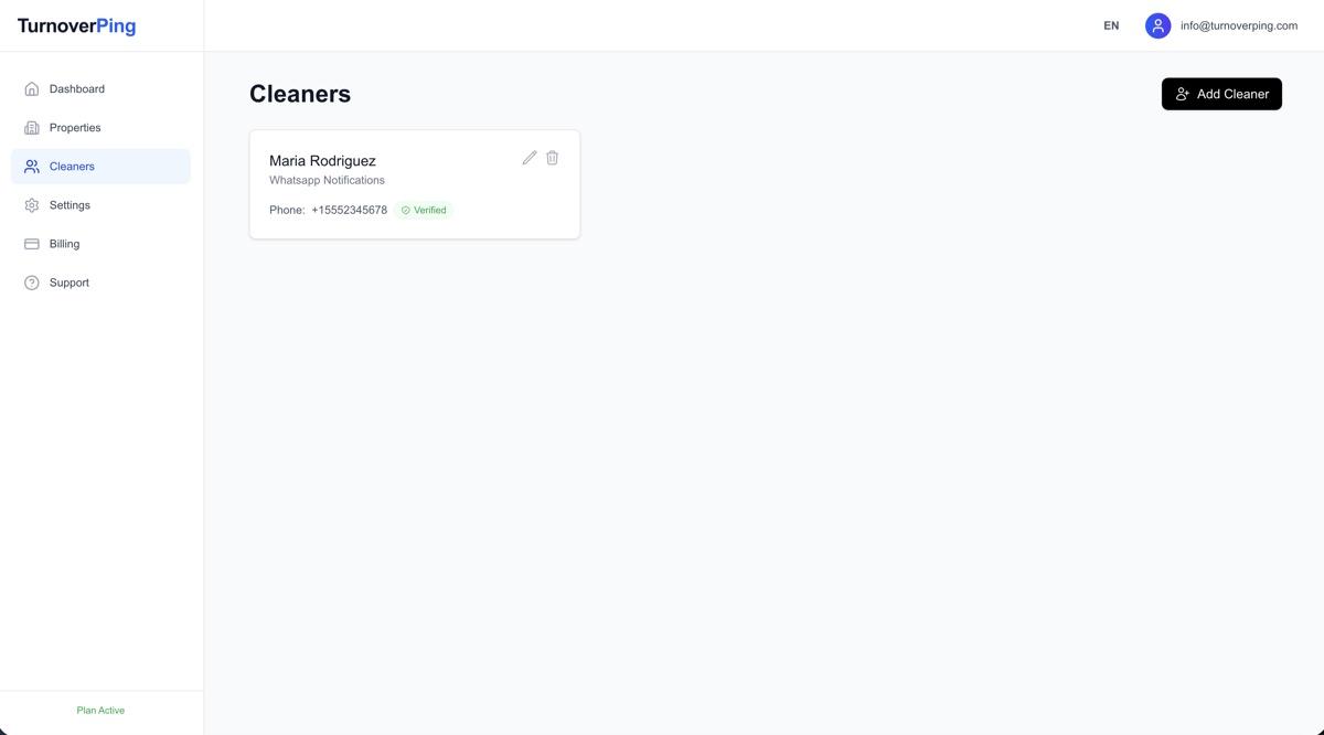 Cleaners management page