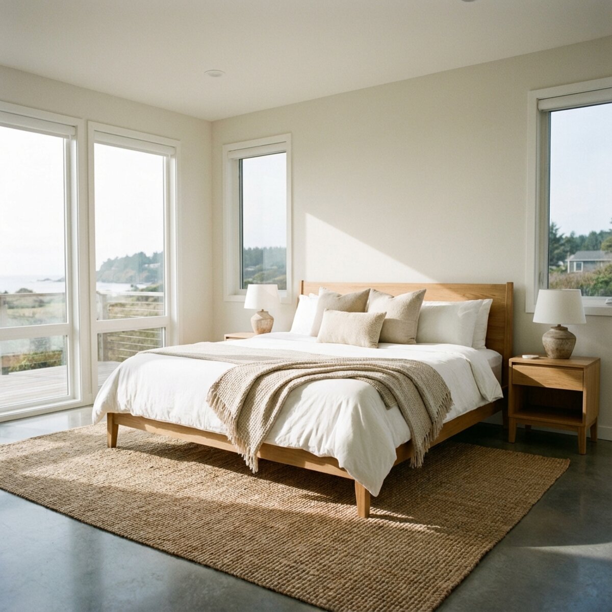 A pristine vacation rental bedroom with perfectly made bed and crisp white linens