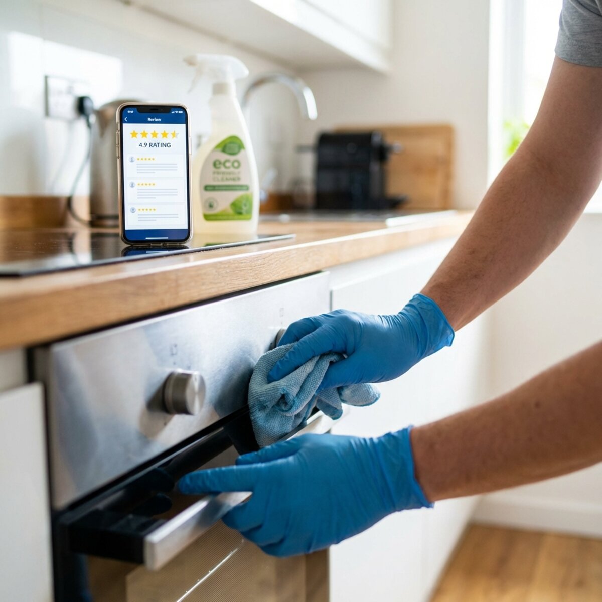 A professional cleaner maintaining high standards in a vacation rental kitchen