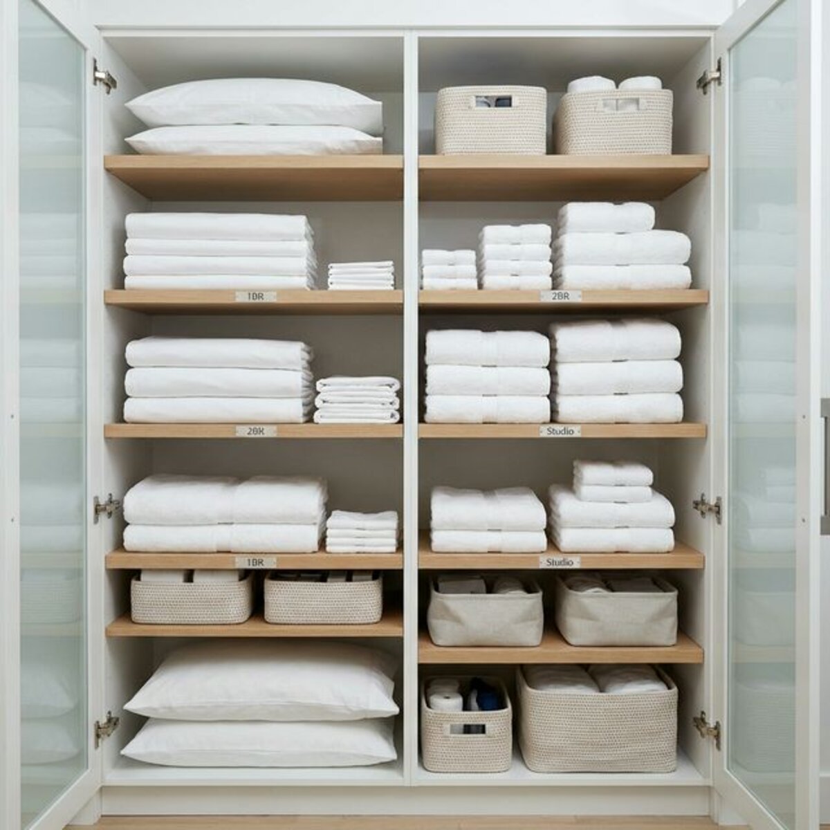 Organized linen closet with labeled sections for multiple vacation rental properties