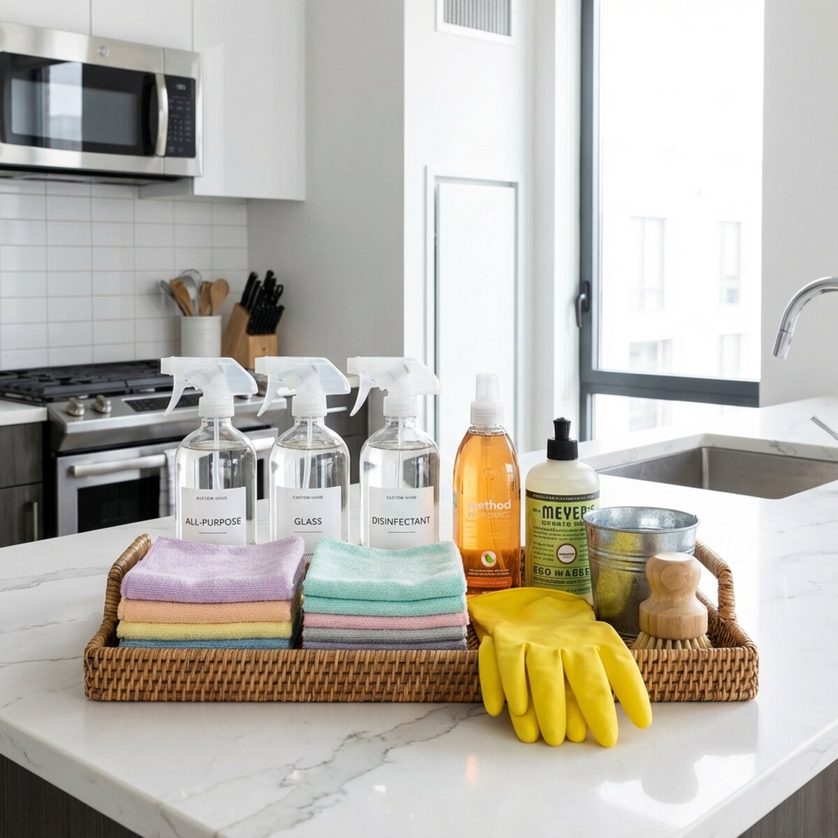 Booking.com apartment organized cleaning supplies on kitchen counter