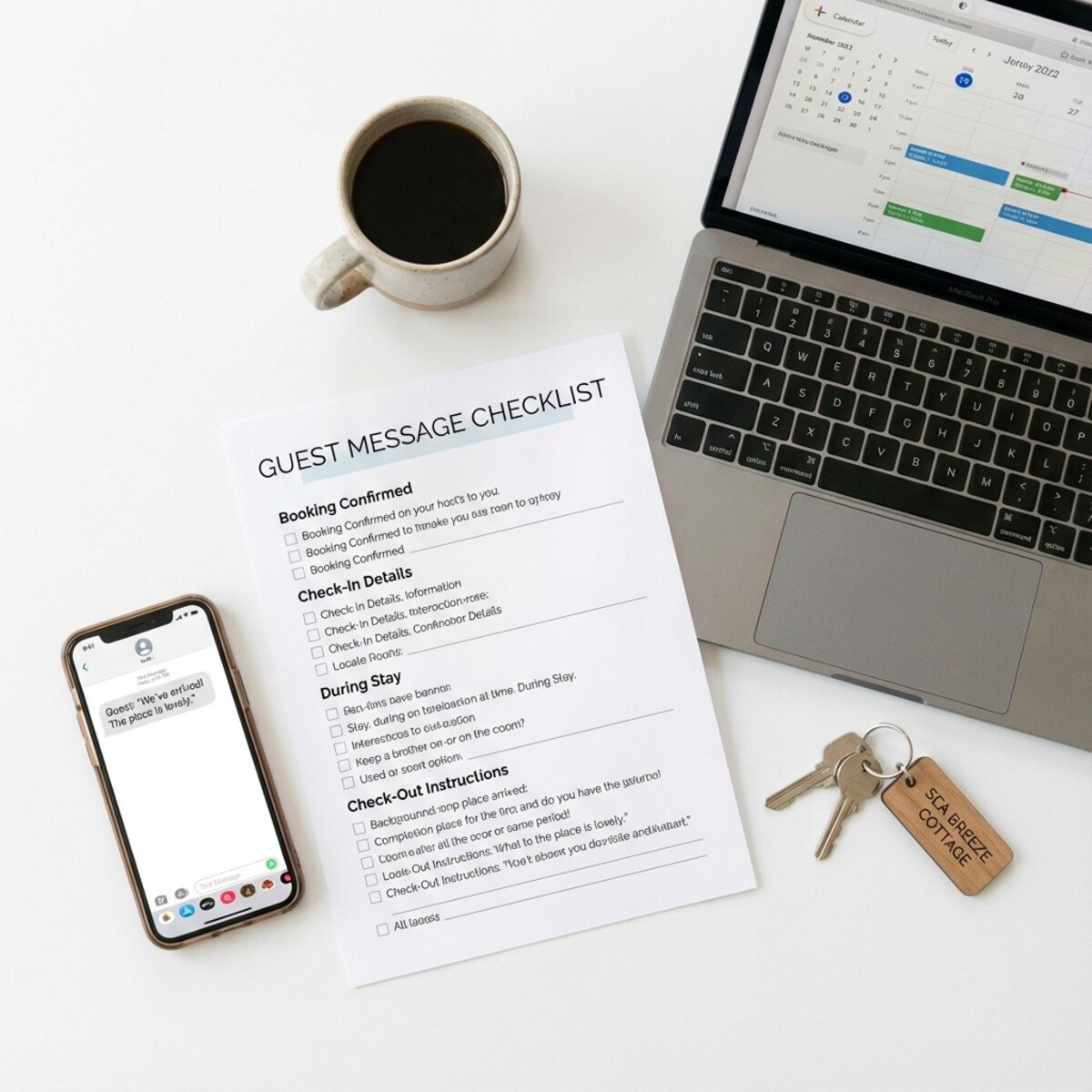 Vacation rental host workspace with phone showing notification