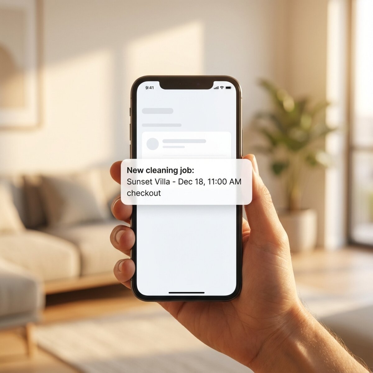 Smartphone showing a TurnoverPing cleaner notification via SMS