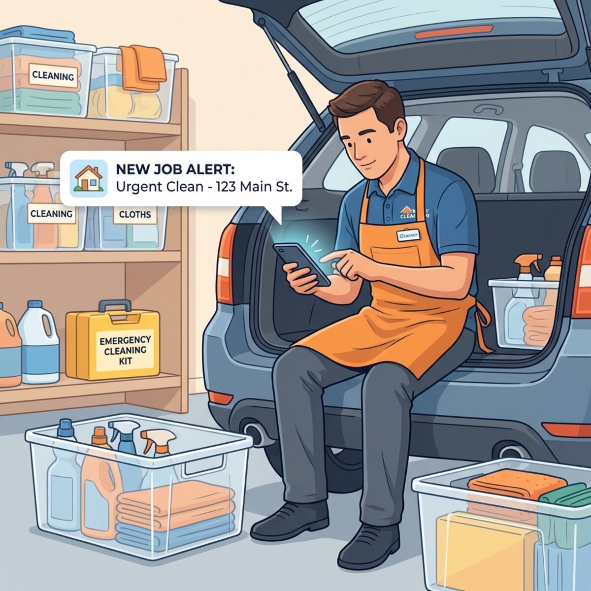 Professional cleaner receiving a mobile notification for an urgent job while preparing emergency cleaning supplies