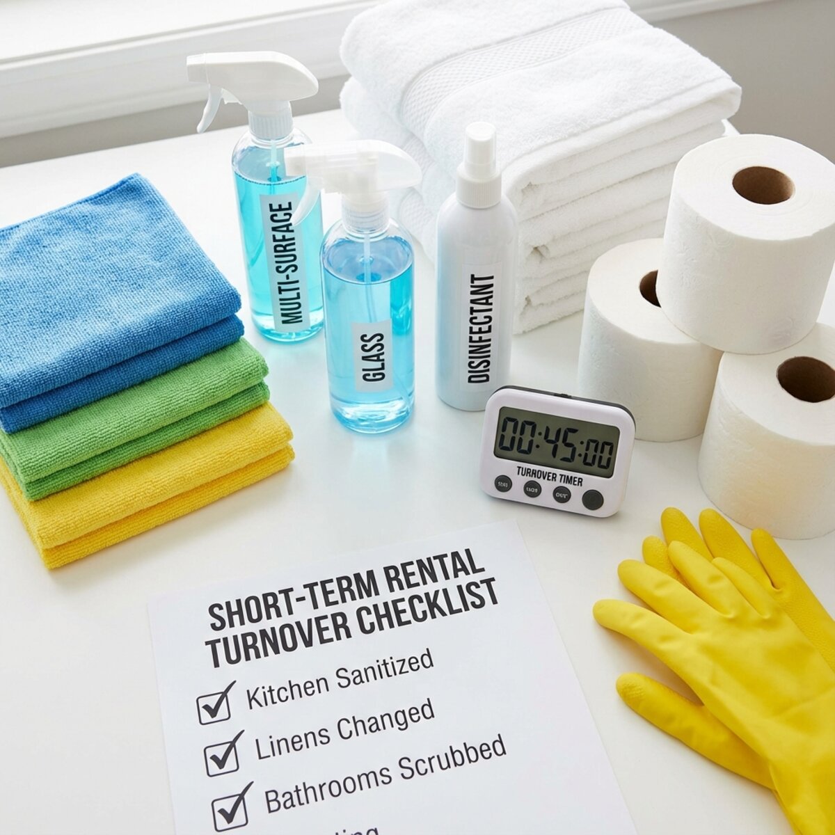 Essential supplies for a same-day Airbnb turnover including cleaning products, fresh linens, and a checklist