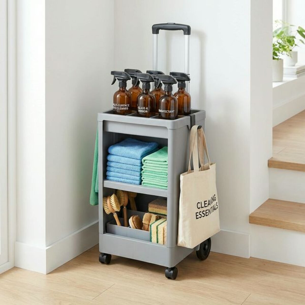 Compact cleaning kit organized for studio apartment turnovers