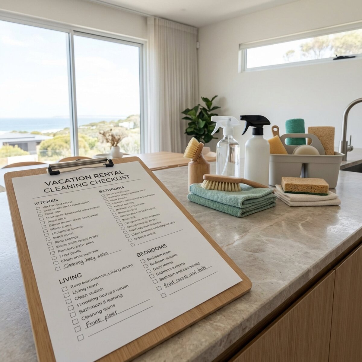 A property manager reviewing a detailed turnover SOP checklist document