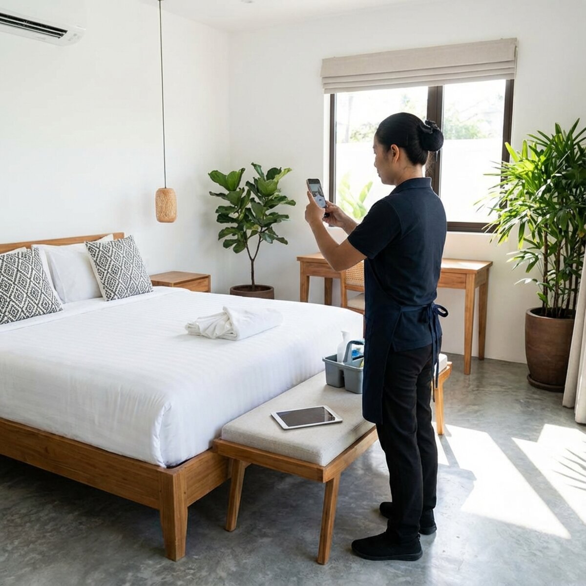 Cleaner documenting quality control with smartphone photo of freshly made bed