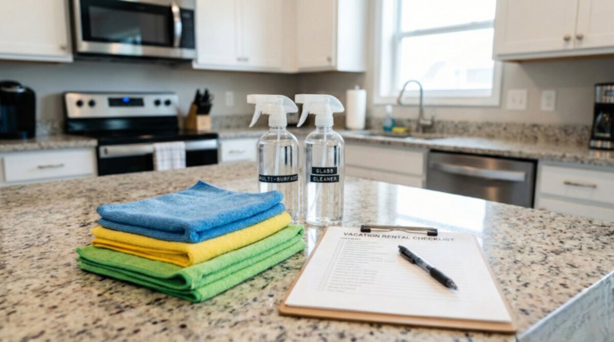 VRBO vacation rental cleaning supplies organized on counter